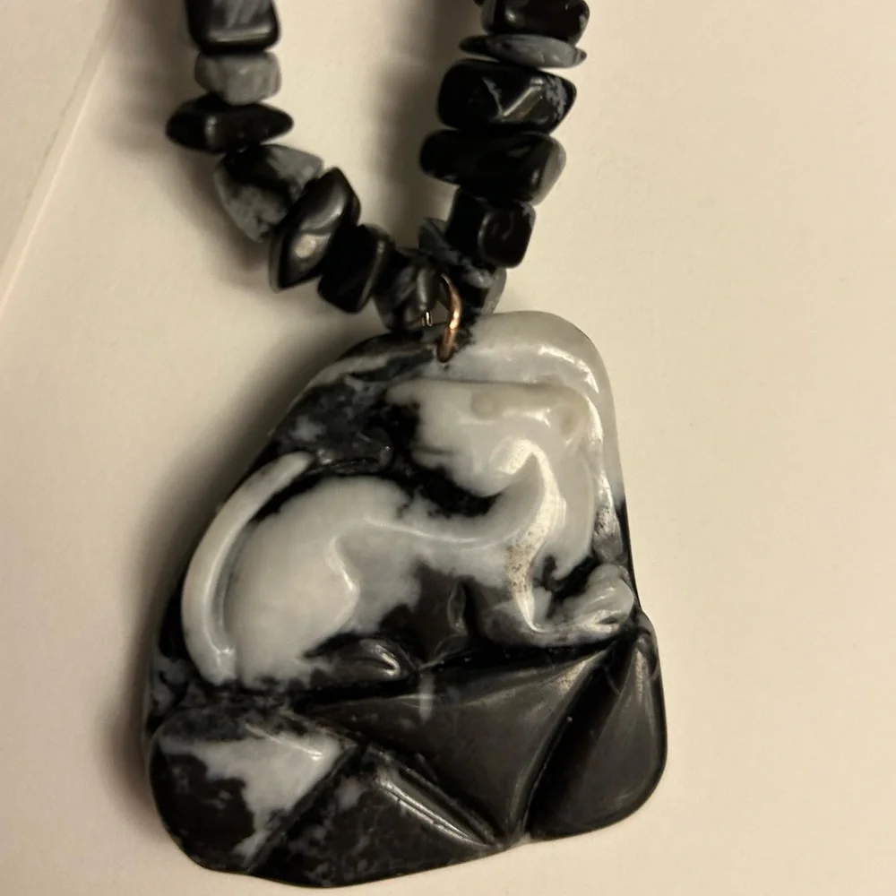 Vintage Necklace Lion Cub hand-carved Jasper stone, Snowflake Obsidian beads